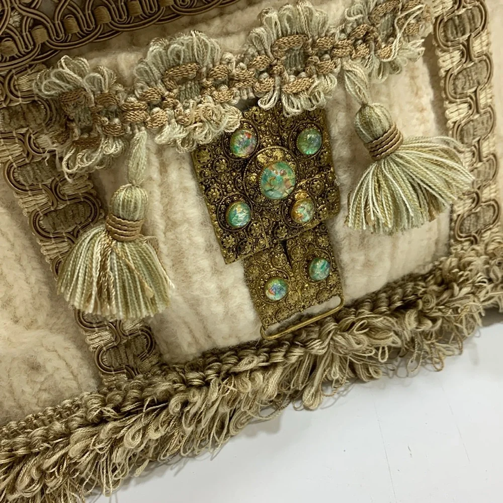 Bohemian Tassel & Embellished Gold & Cream Handbag Purse - Picture 7 of 10